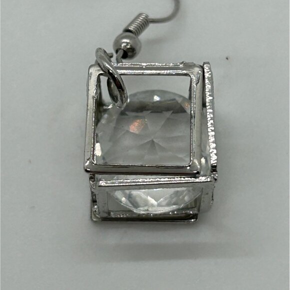 Silver-Tone Box Earrings Clear Rivoli Dangles Pierced Hooks Geometric - Picture 10 of 12